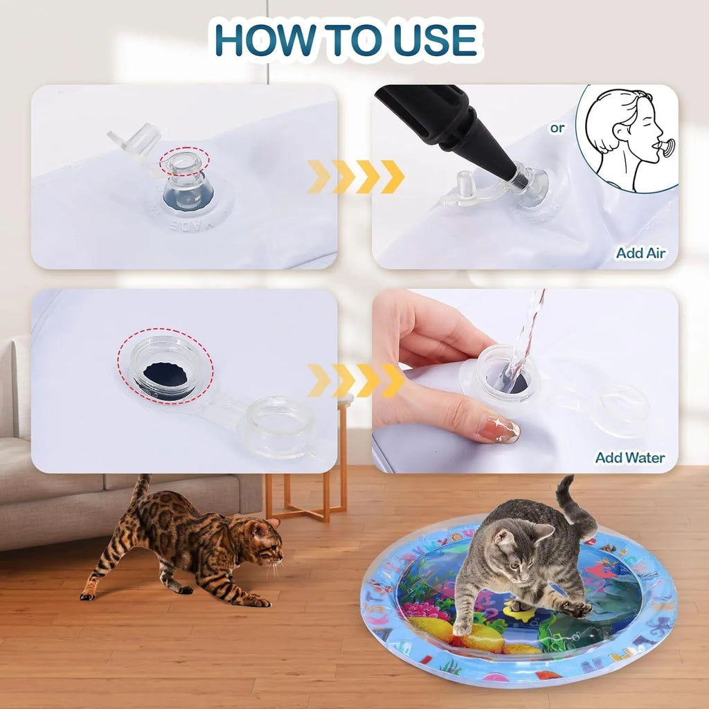 100cm square PVC water sensory playmat for cats with ocean fish design and floating toys