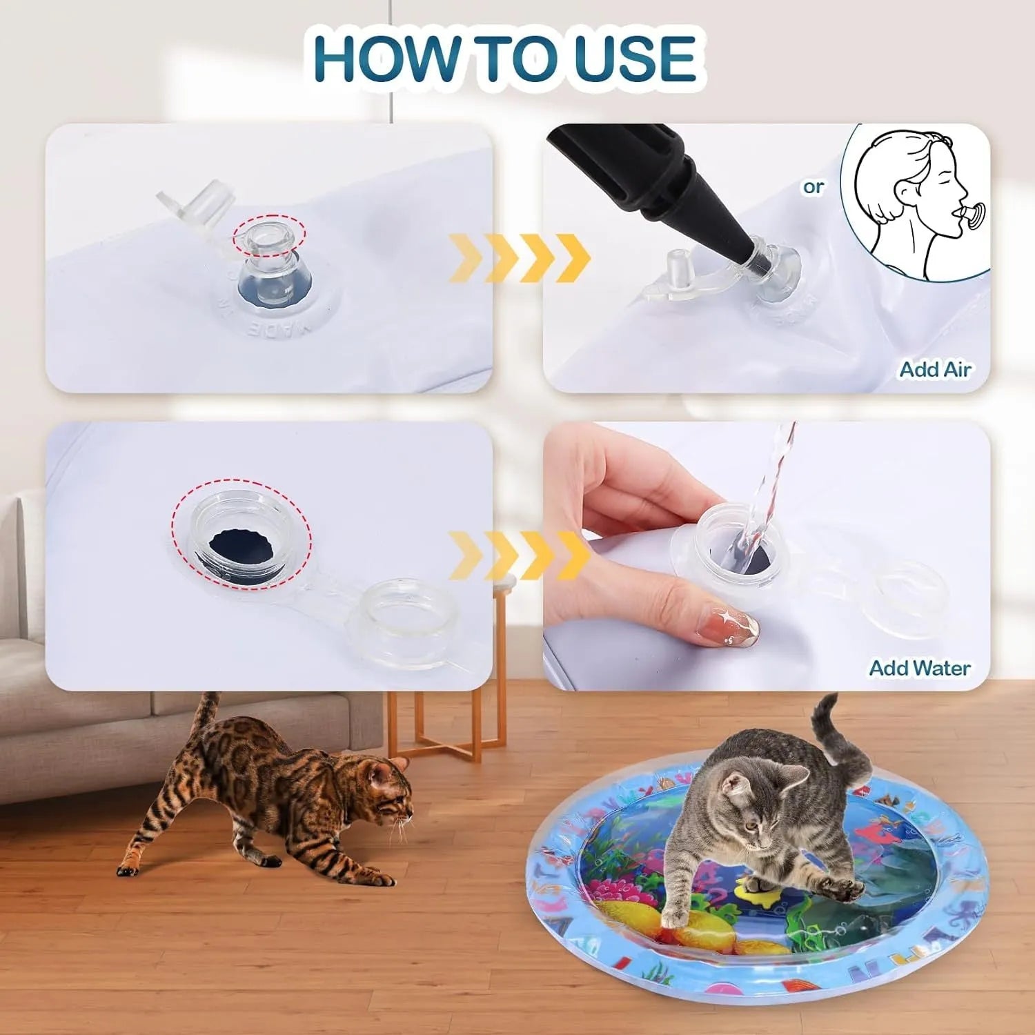 100cm square PVC water sensory playmat for cats with ocean fish design and floating toys