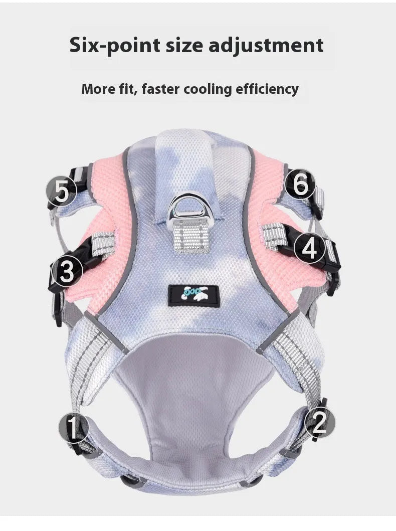 Reflective blue polyester chest strap harness for dogs on a lead, showing adjustable fit.