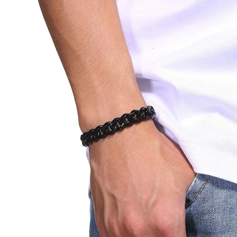 Six-sided geometric Cuban link metal bracelet in gold colour, shown in various widths.
