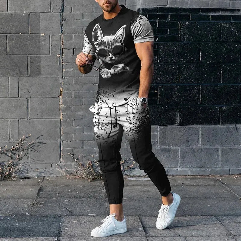 Man wearing a blue short-sleeved round neck pullover and matching trousers from a polyester sportswear set.