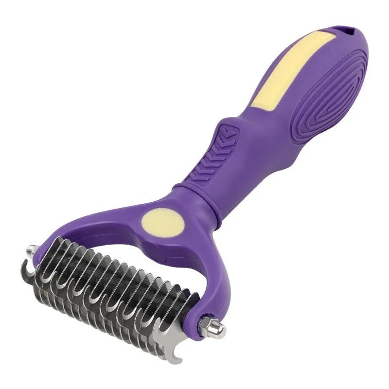 Purple plastic double-sided pet grooming comb for removing tangles and knots