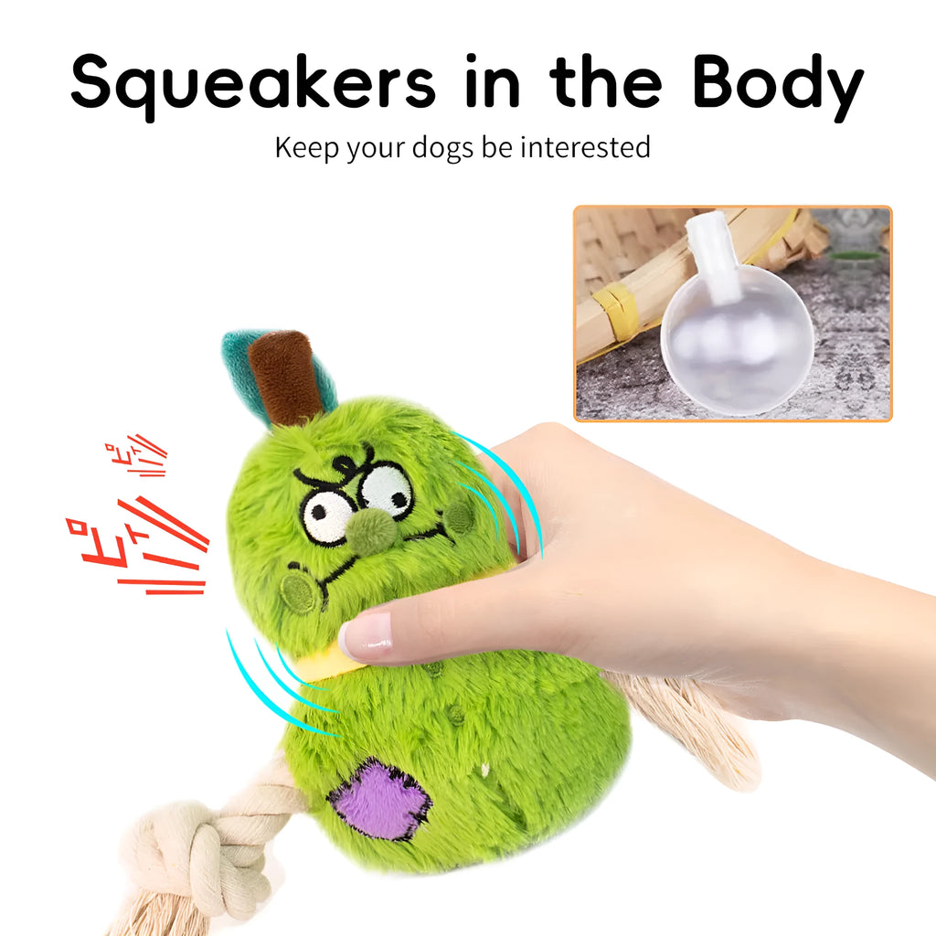 Green and purple plush rope knot dog toy with molar tooth texture for interactive tug play