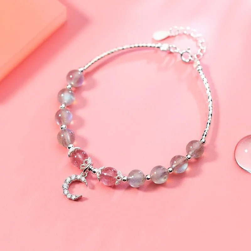 Natural moonstone adjustable bracelet with silver extension chain and crescent moon accent