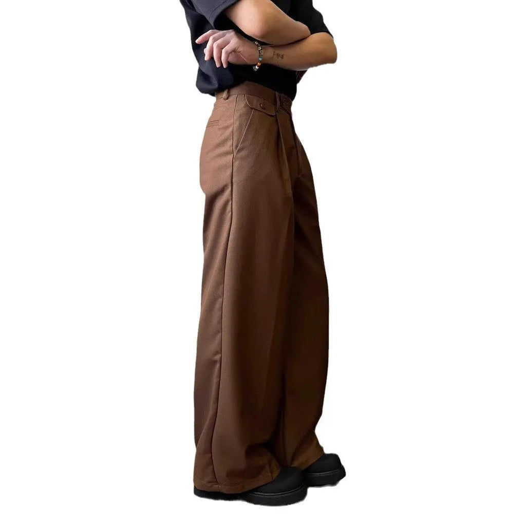 Men's brown straight-cut wide-leg casual suit trousers laid flat