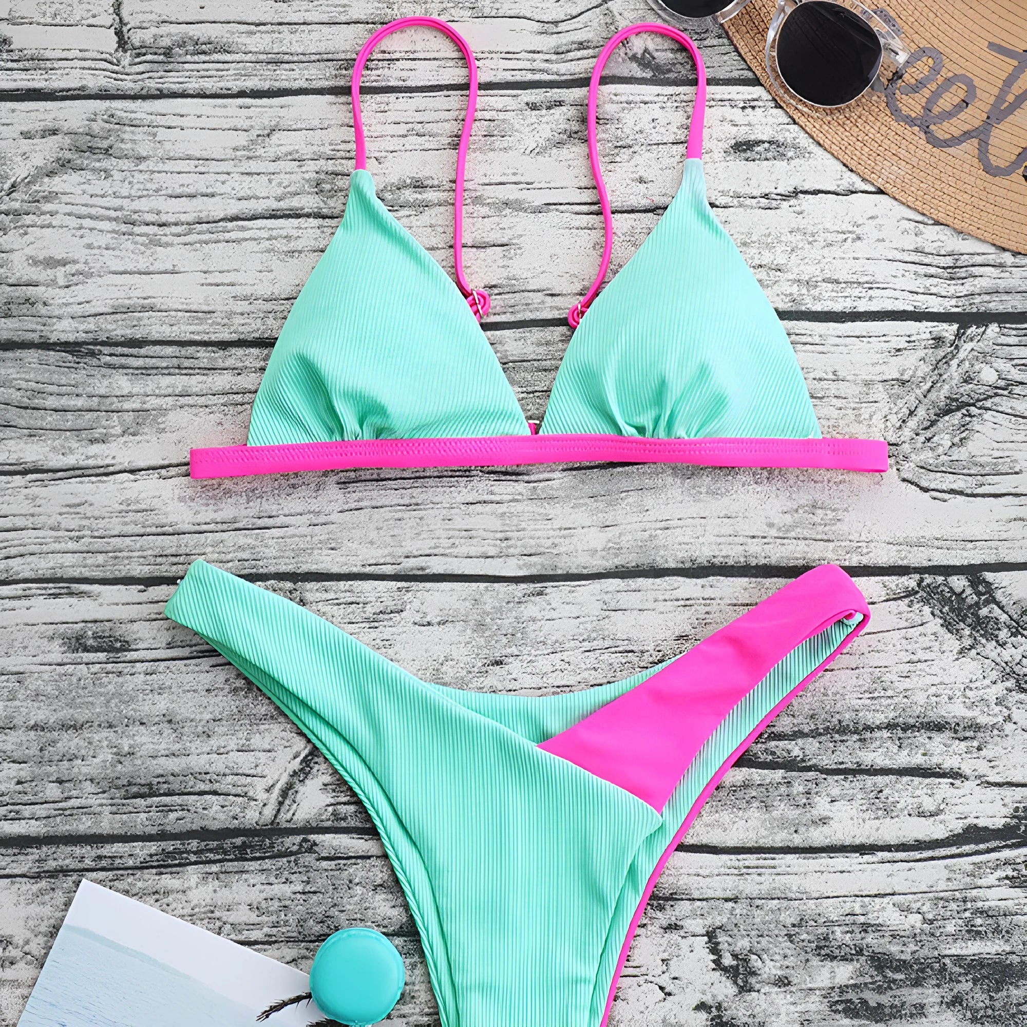 Women's nylon swimsuit briefs set in two colour patterns, sizes S M L XL