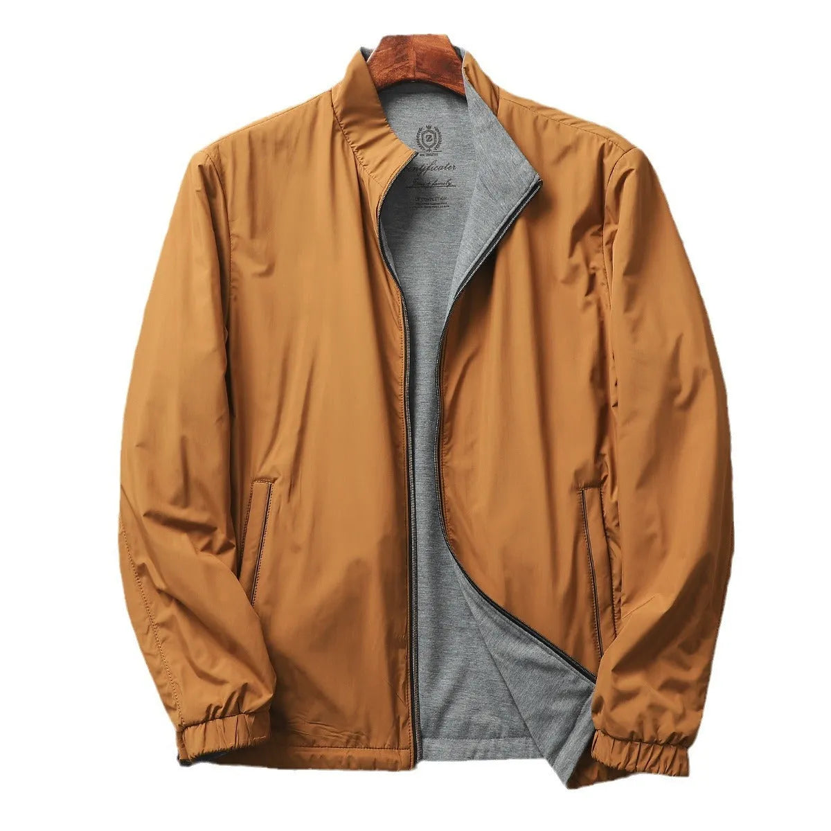 Men's stand collar business casual jacket in polyester cotton blend fabric showing regular fit and standard sleeves