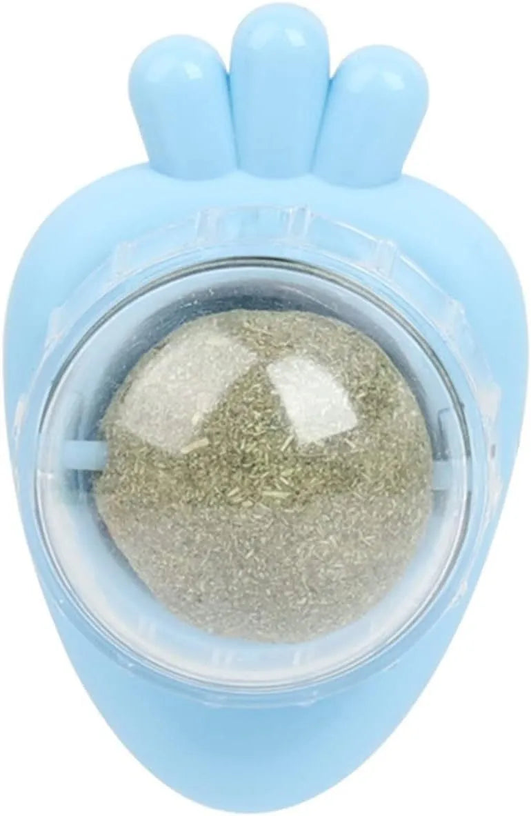 Blue carrot-shaped self-adhesive catnip wall ball for indoor cats with teeth cleaning function