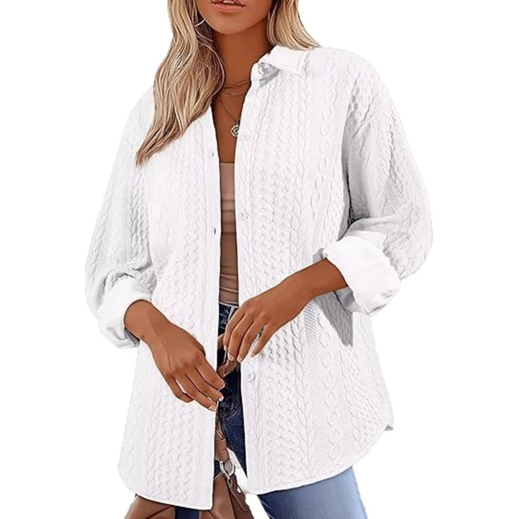 Women's solid colour long sleeve knitted cardigan sweater on a hanger.