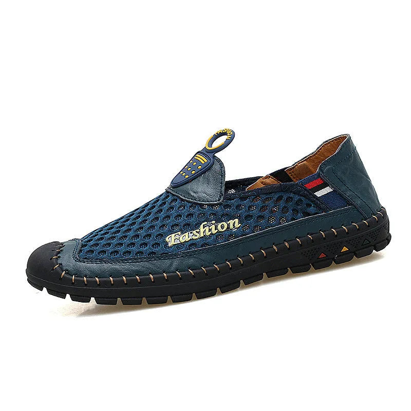 Men's brown casual mesh shoes with round toe, stitching detail, and a rubber sole.