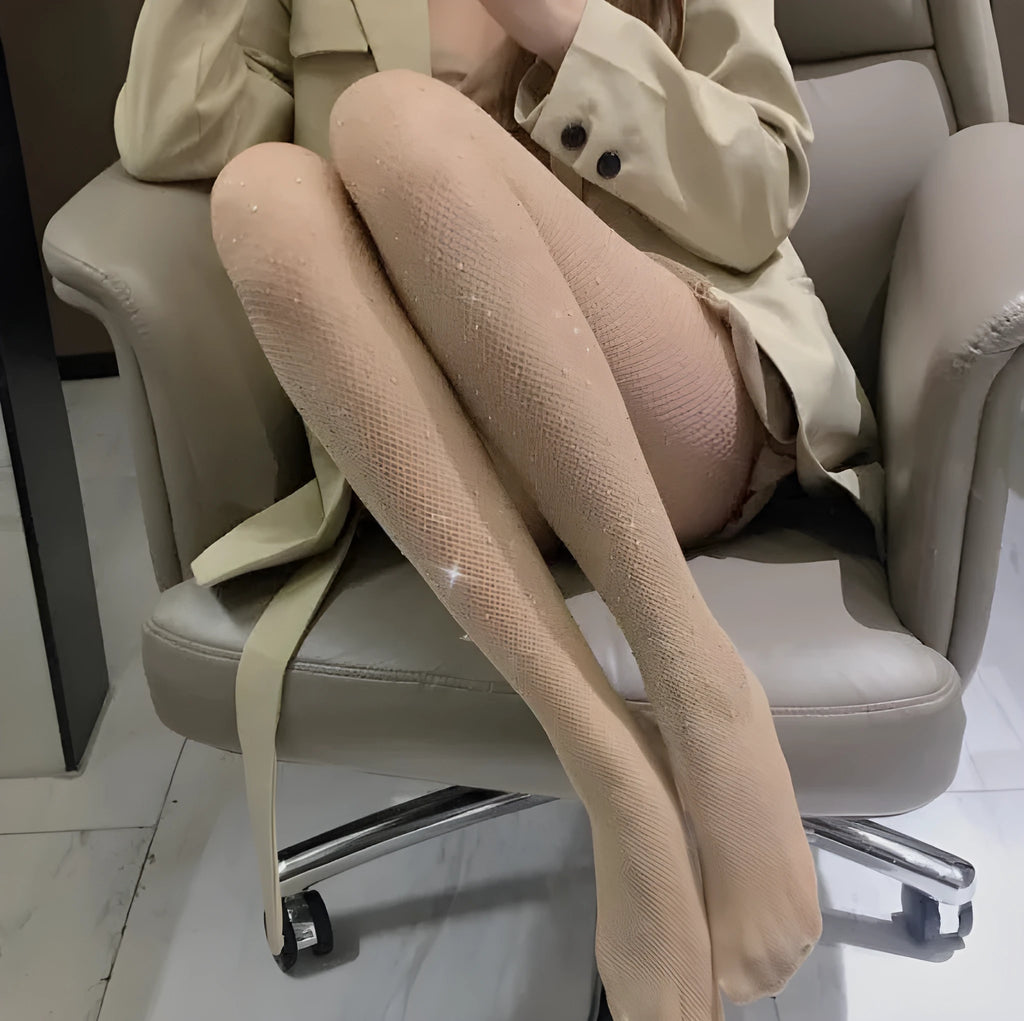 Women's mesh fishnet stockings with diamond pattern in black, white, and skin colour.