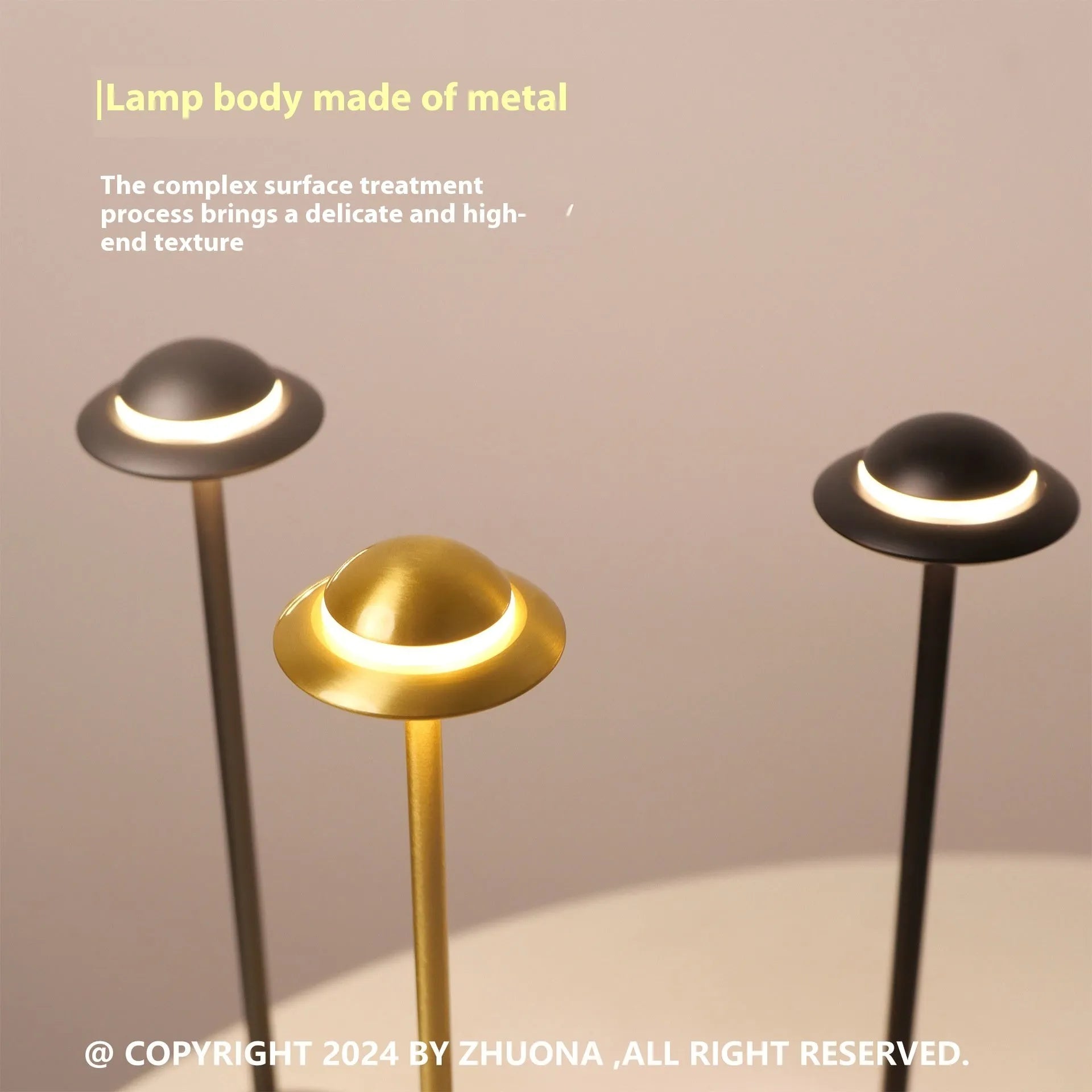 Metal UFO table lamp with rechargeable battery and touch dimming controls in gold finish