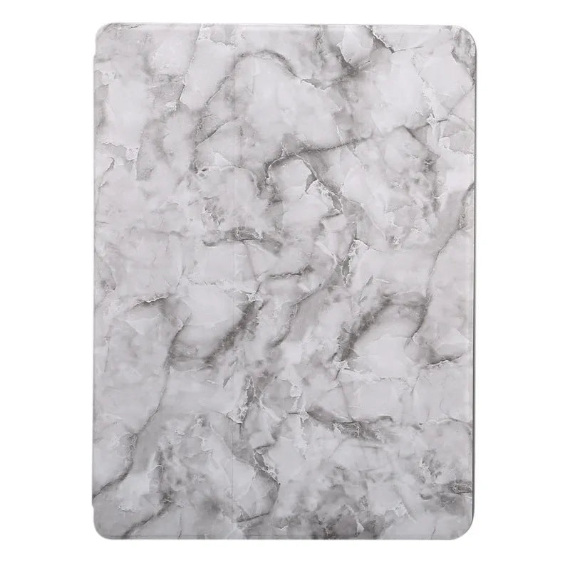 Tri-fold marbling imitation leather iPad case with a visible Apple Pencil slot, shown in dark grey.