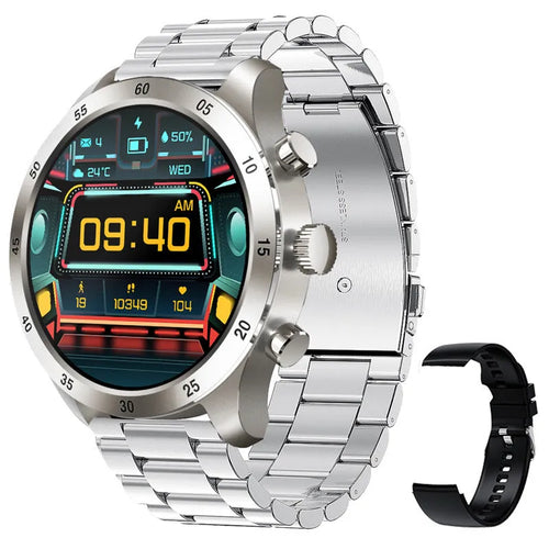 Apple iOS smart watch with Bluetooth calling on wrist, showing steel case and health monitoring display.