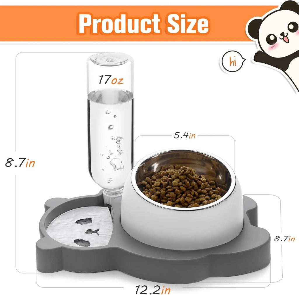 Grey elevated pet feeder with tilted stainless steel bowls and a panda-shaped automatic water bottle for cats and small dogs.