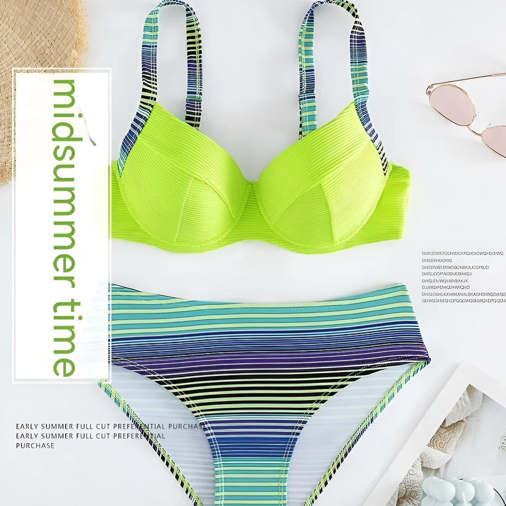 Green women's halter bikini set with printed briefs in polyester fabric