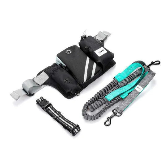 Black outdoor dog walking set with waist bag and leash combination for hands-free pet control