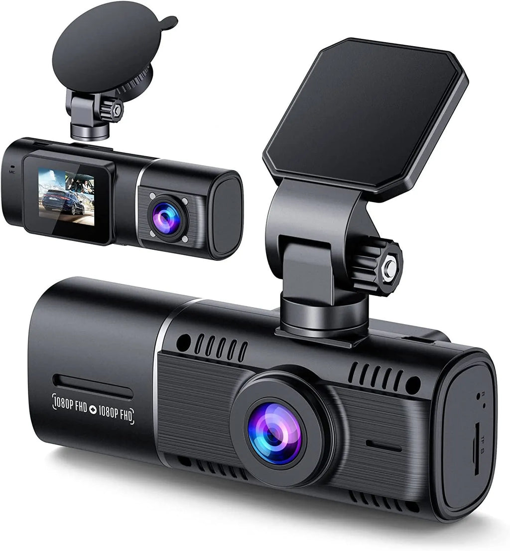 Black dash cam with 1.5-inch screen mounted on car windscreen showing dual camera recording.