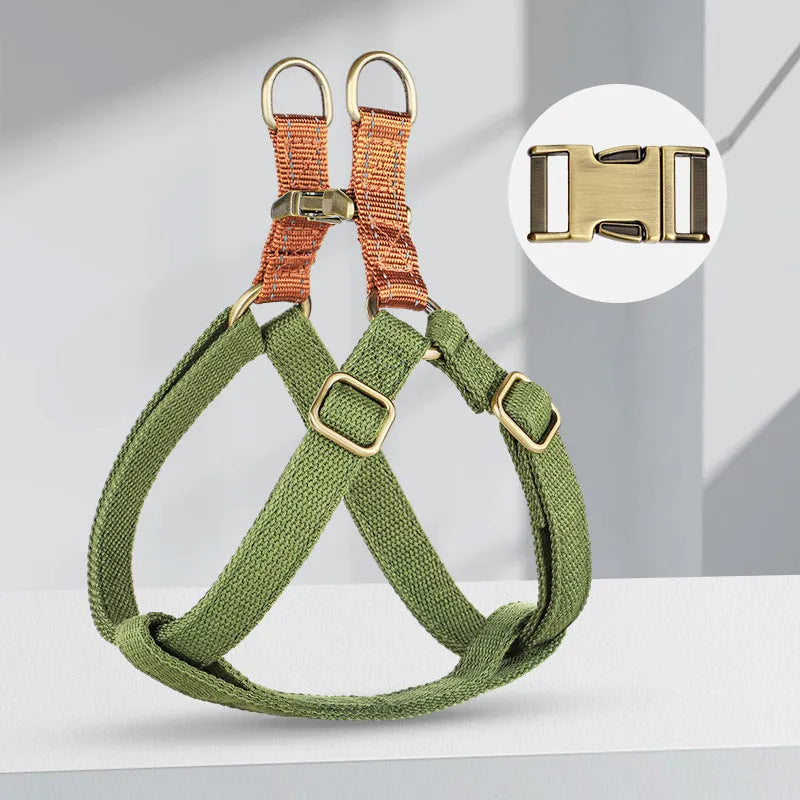 Brown vest-style dog leash with cotton belt and alloy fastener on a dog.