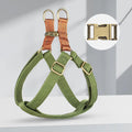 Brown vest-style dog leash with cotton belt and alloy fastener on a dog.