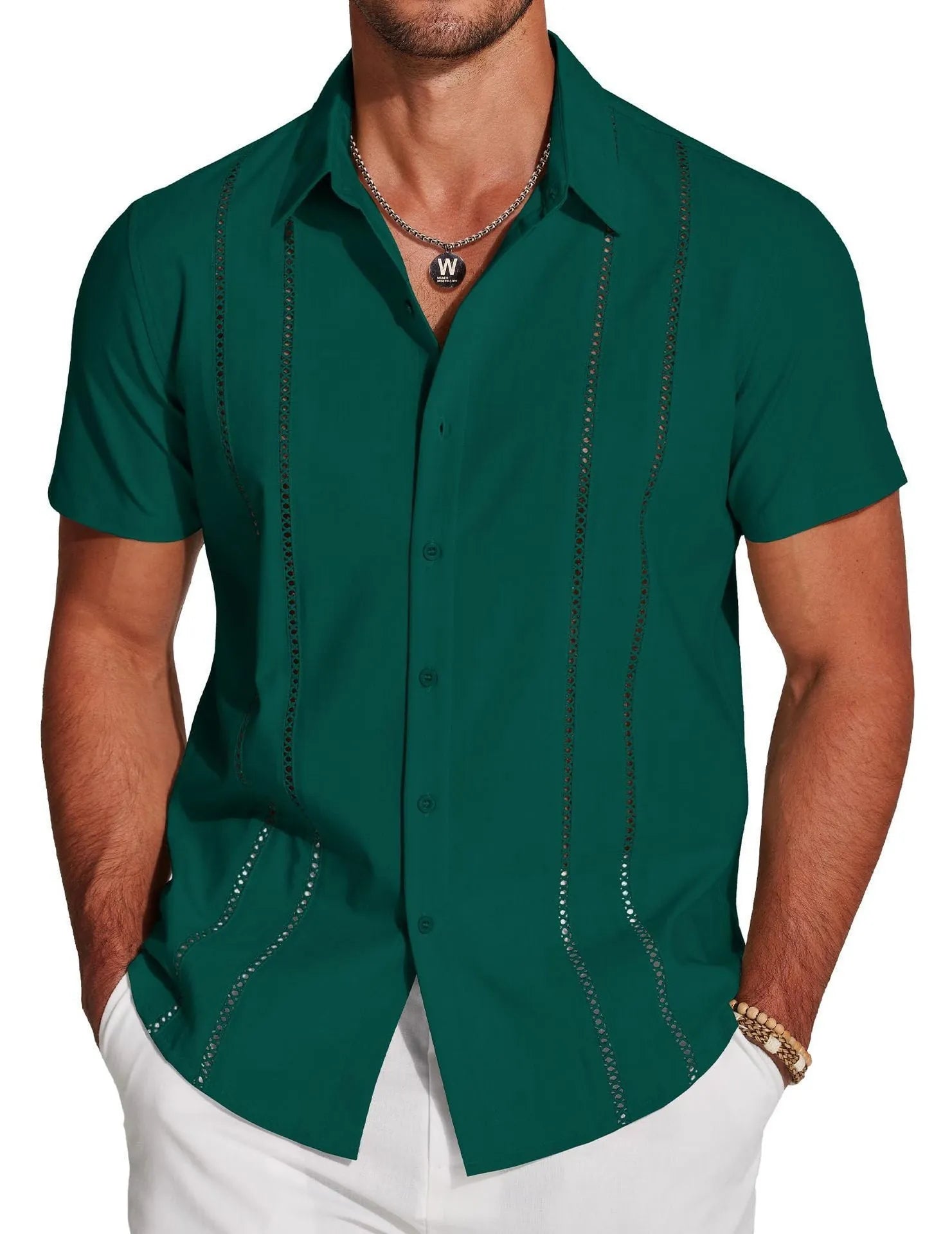 Men's slim fit Hawaiian short sleeve shirt with digital print pattern.