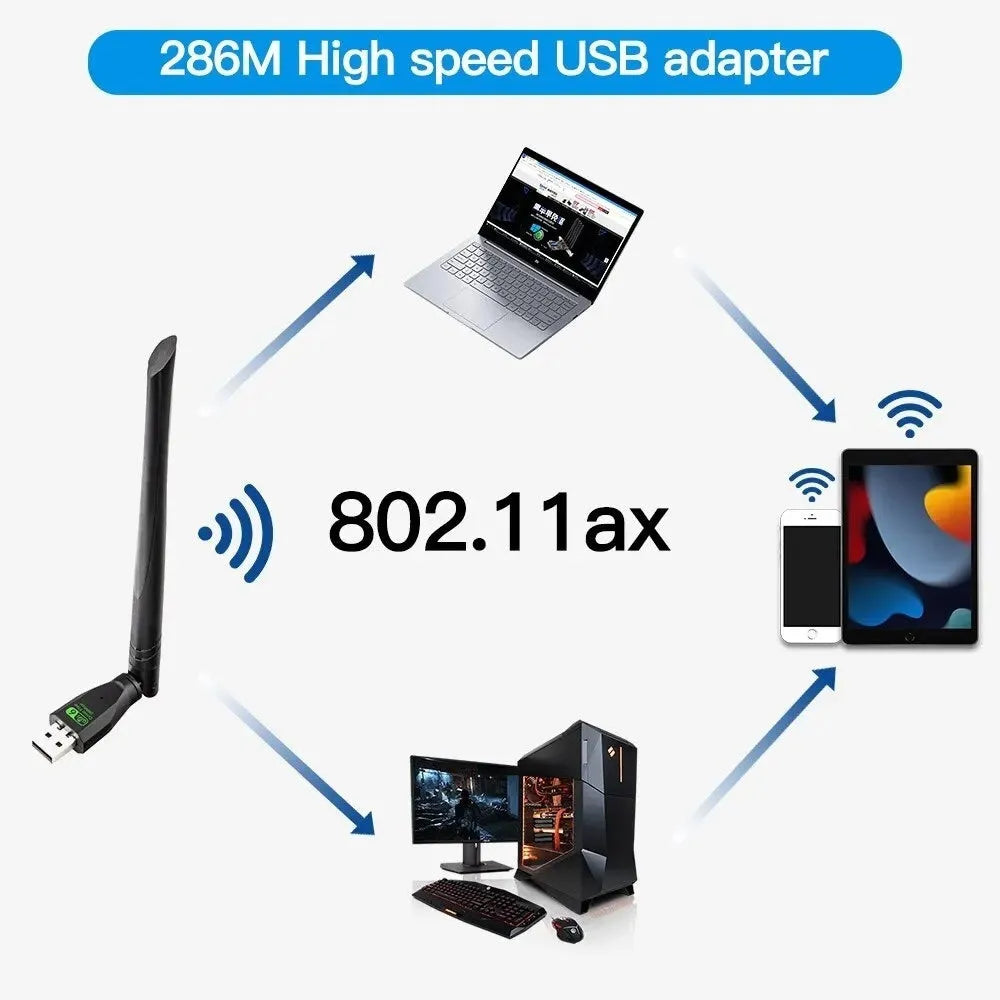 Black WiFi 6 wireless network card with USB connector for PC connectivity