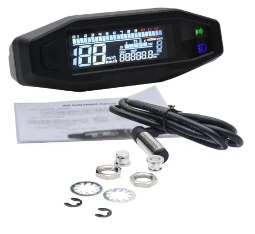 Black mini motorcycle LCD speedometer and fuel gauge with 141x45mm dimensions on a handlebar