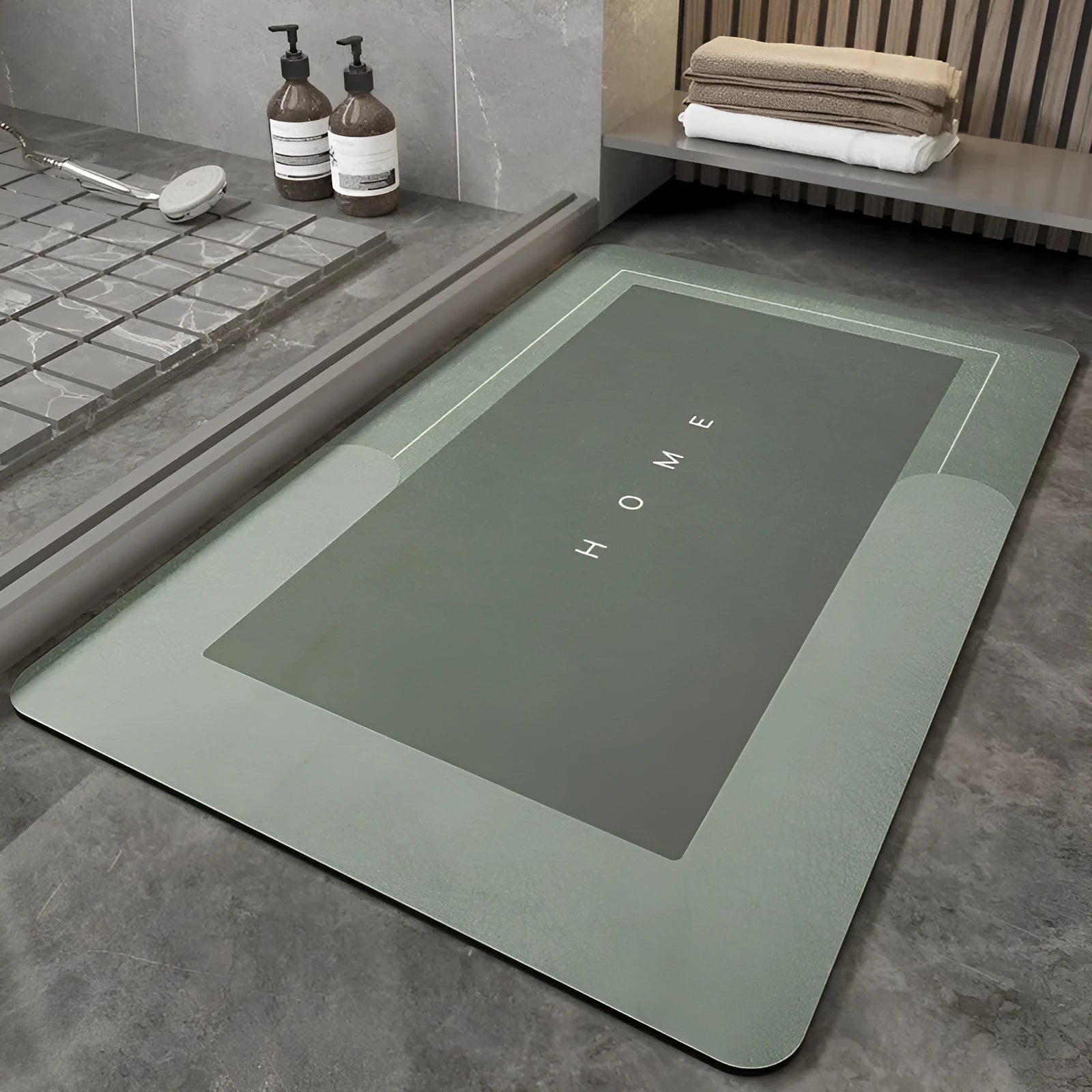 Soft blue oval bathroom floor mat placed on tiles beside a bathtub.