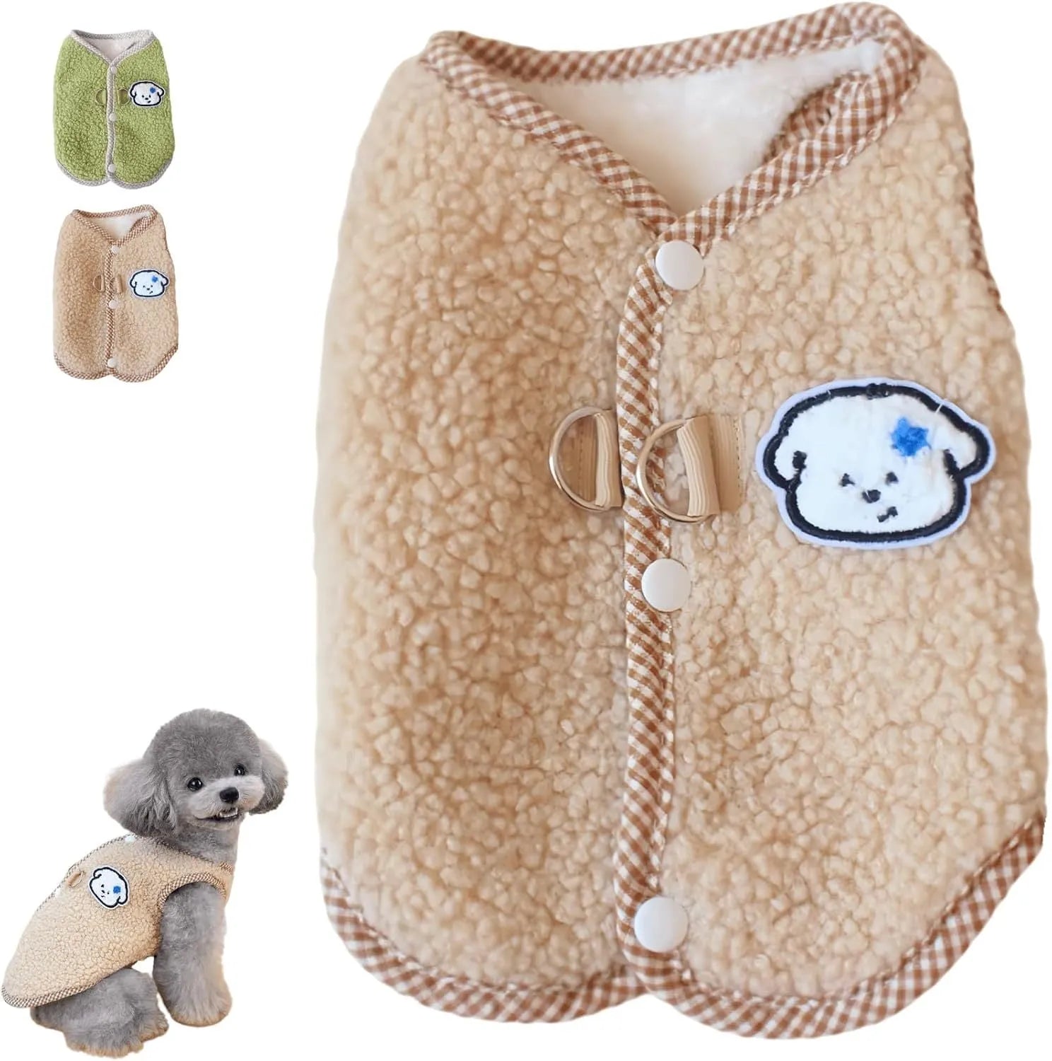 Green coral fleece dog vest with leash ring for small dogs