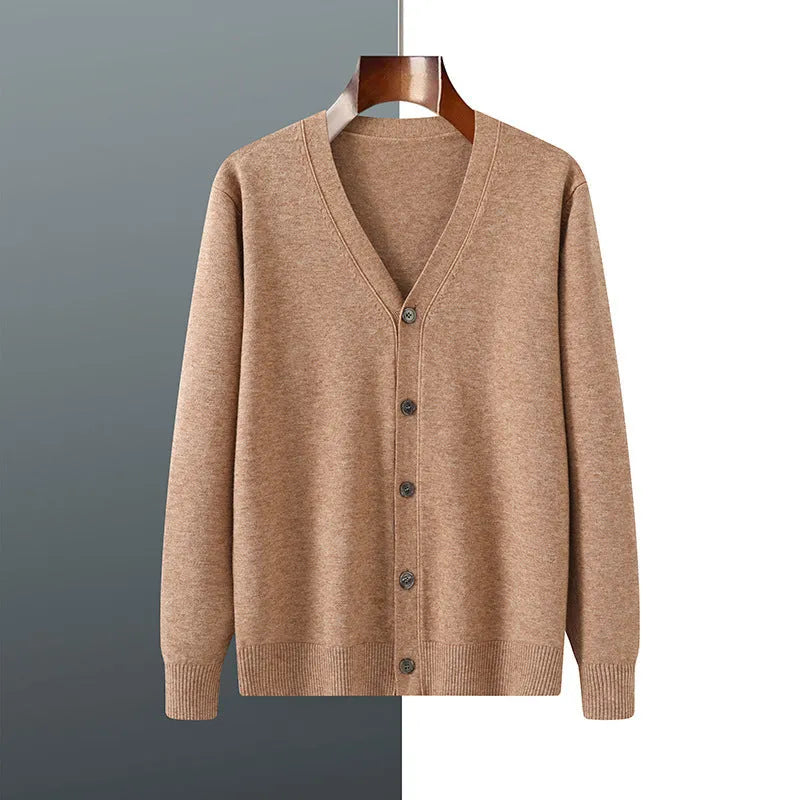 Man modelling a loose V-neck cardigan coat in Andy Velvet knitted fabric.