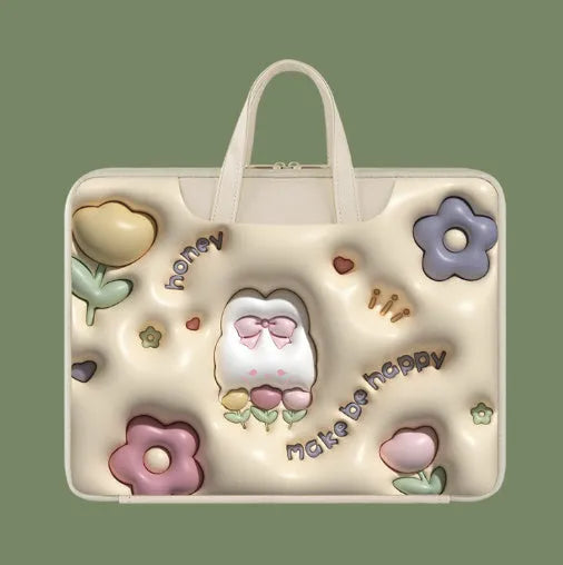 Inflatable PU leather laptop bag with hanging strap shown in a cute panda pattern design.