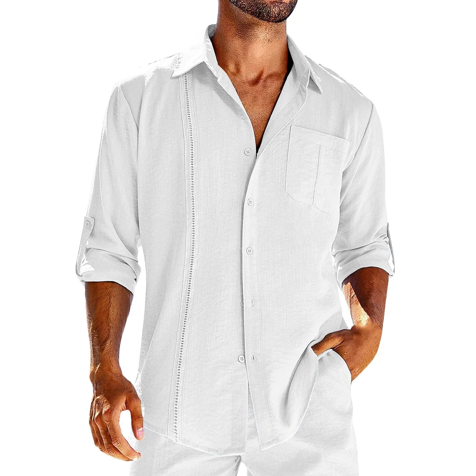 Mens grey casual long sleeve shirt with lace detail on polo collar and chest pocket.