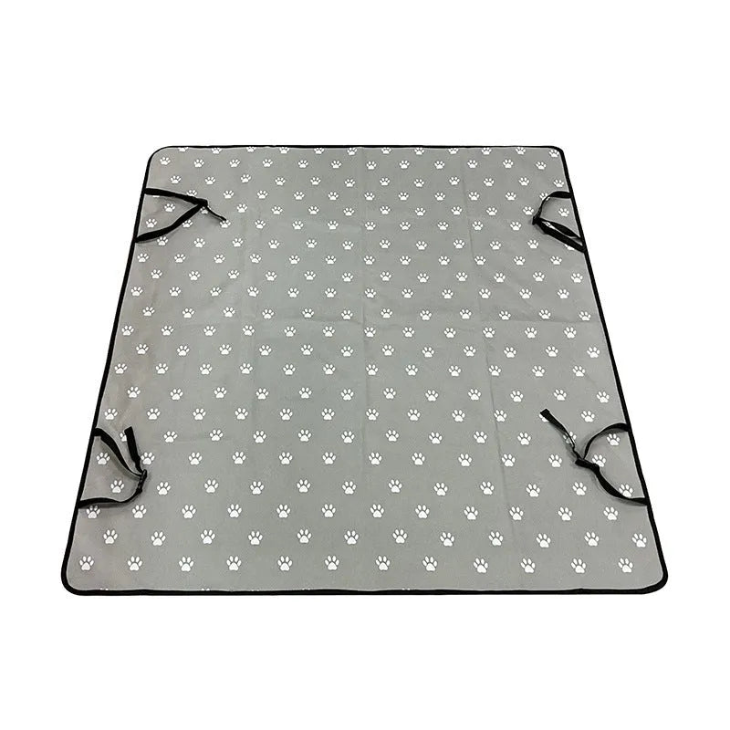 Waterproof car rear seat pet mat with non-slip backing in grey with dog footprint pattern