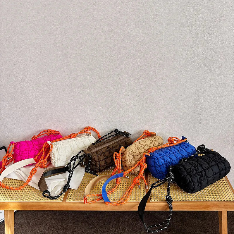 Women's lightweight nylon messenger bag with pillow shape and rhombus pattern in crossbody style