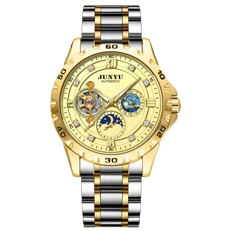 Men's automatic mechanical watch with luminous hands on a black starry sky dial and rose gold case