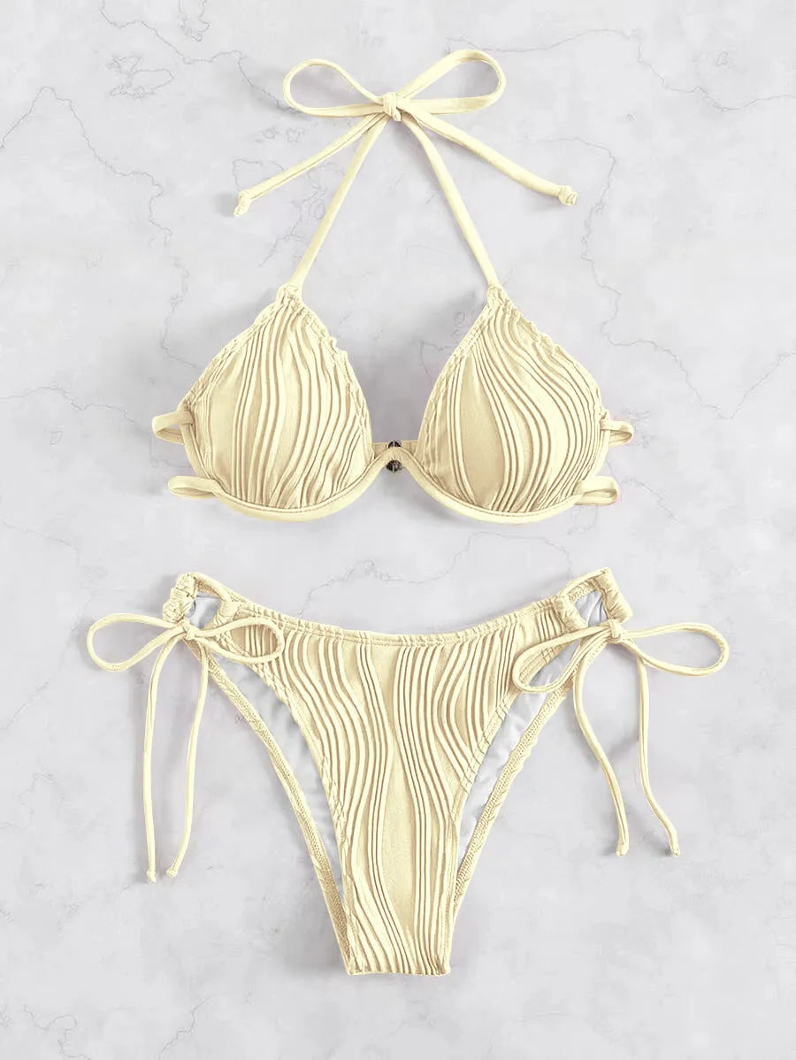 Women's steel bracket underwire split bikini swimsuit in various colours.