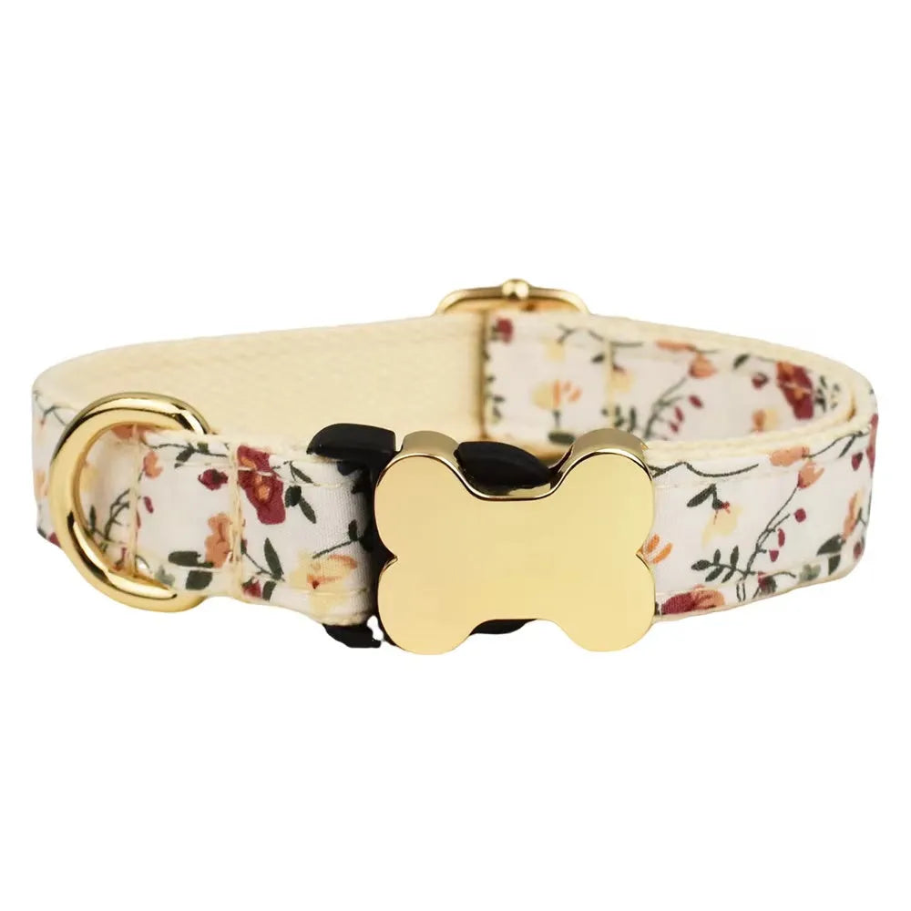Flat printed grid nylon dog collar with a bone-shaped buckle in assorted colours