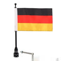 Motorcycle rack-mounted flagpole with German flag design in black or silver finish for side box or luggage rack attachment