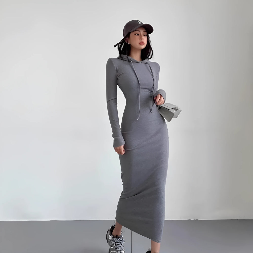 Women's grey hooded long sleeve sheath dress with high waist on a mannequin.