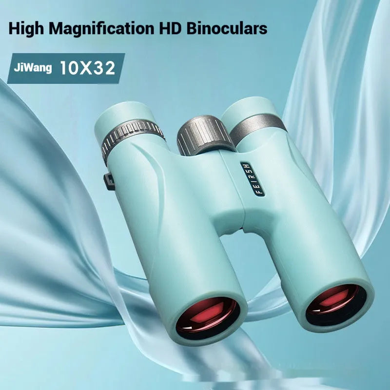 Blue and grey 10x32 binoculars with wine red film lenses on a dark background.