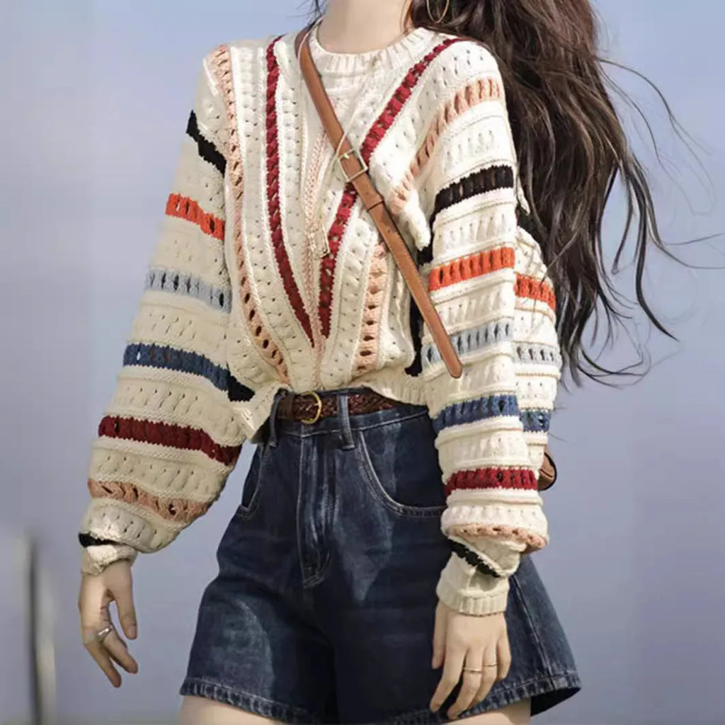 Women's retro rainbow striped hollow sweater with batwing sleeves and round neck