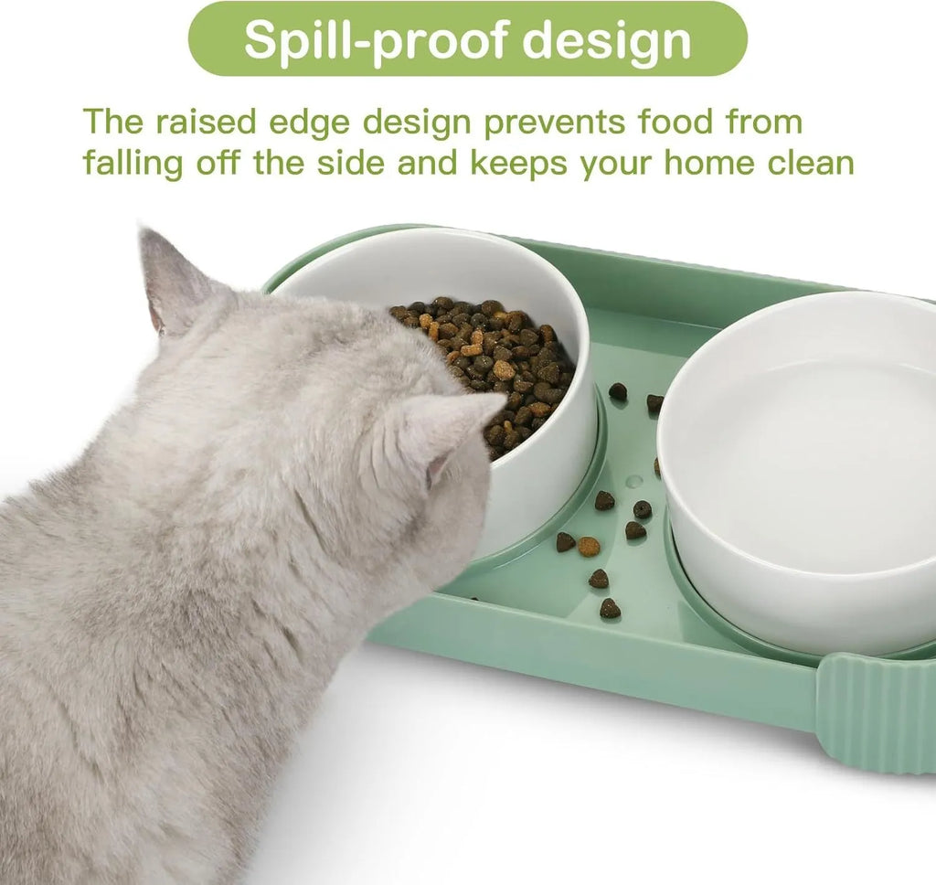 Green ceramic elevated cat bowls with 15-degree tilted stand and non-slip base
