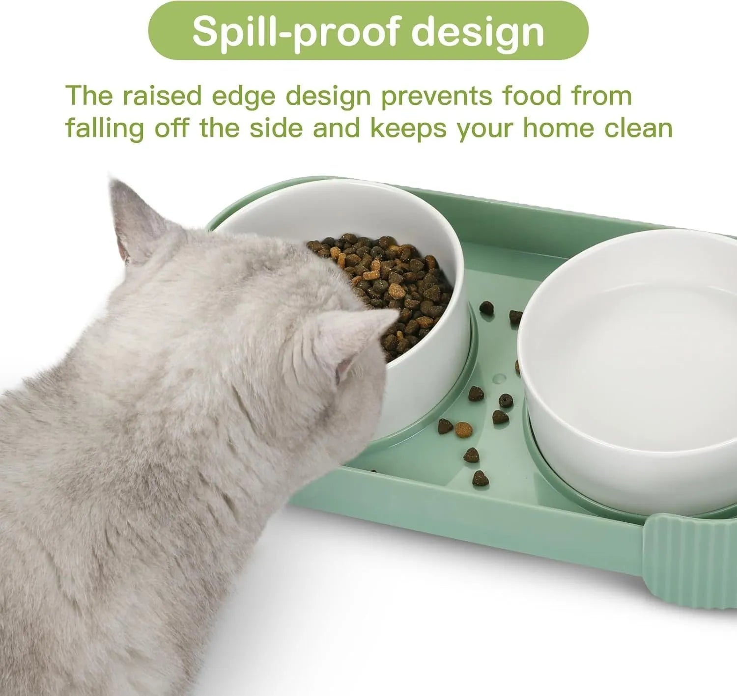 Green ceramic elevated cat bowls with 15-degree tilted stand and non-slip base