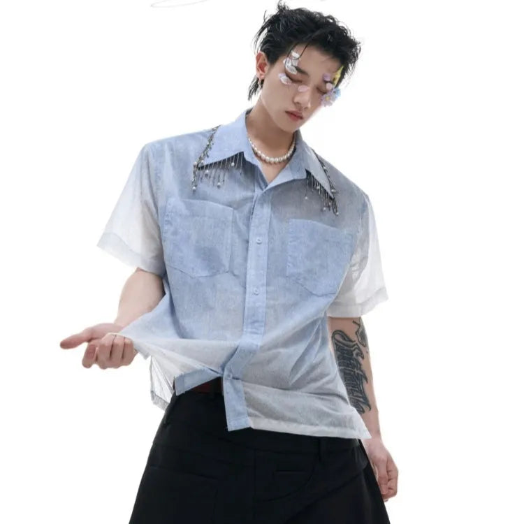 Blue and white gradient short-sleeve loose fit casual shirt for summer.
