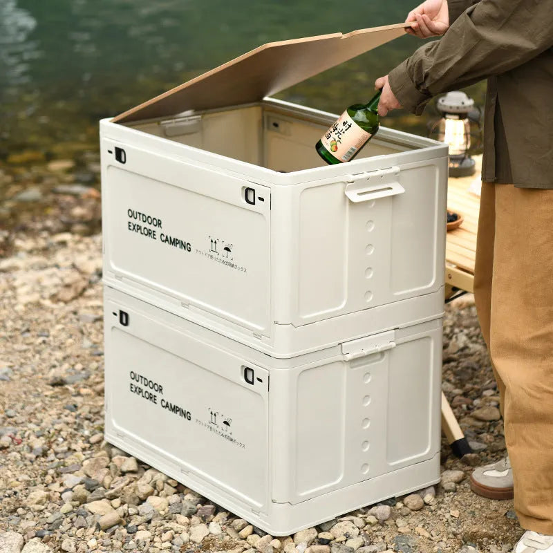 Large white plastic storage box with wooden lid for household organisation