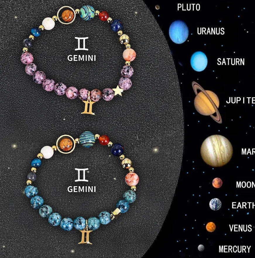 A pair of adjustable natural stone beaded bracelets on a wrist, representing Chinese zodiac signs.