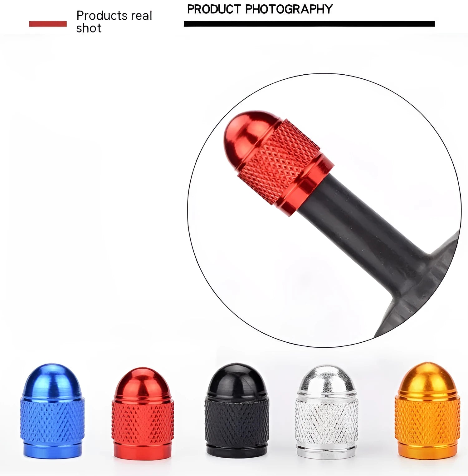 Aluminium mountain bike tyre valve cap in choice of five colours.