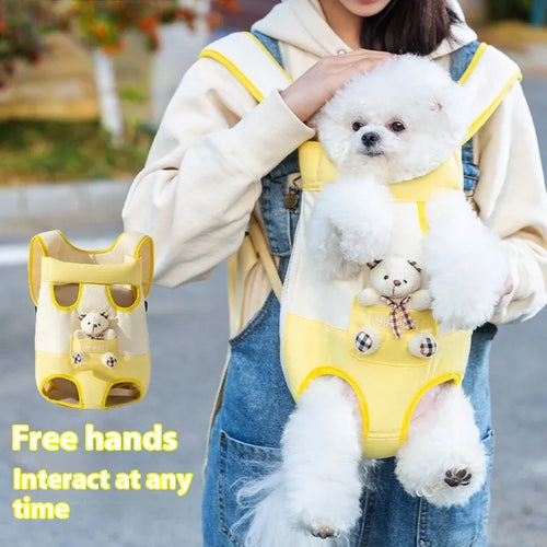 Canvas cat carrier bag with yellow bear cartoon pattern and colourful stitching in S, M, L, XL sizes