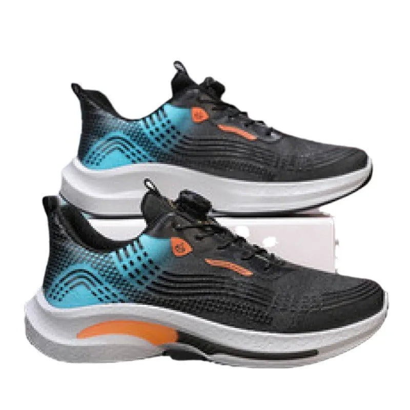 Low-top mesh sneaker with rotating buckle closure in black and blue colour combination