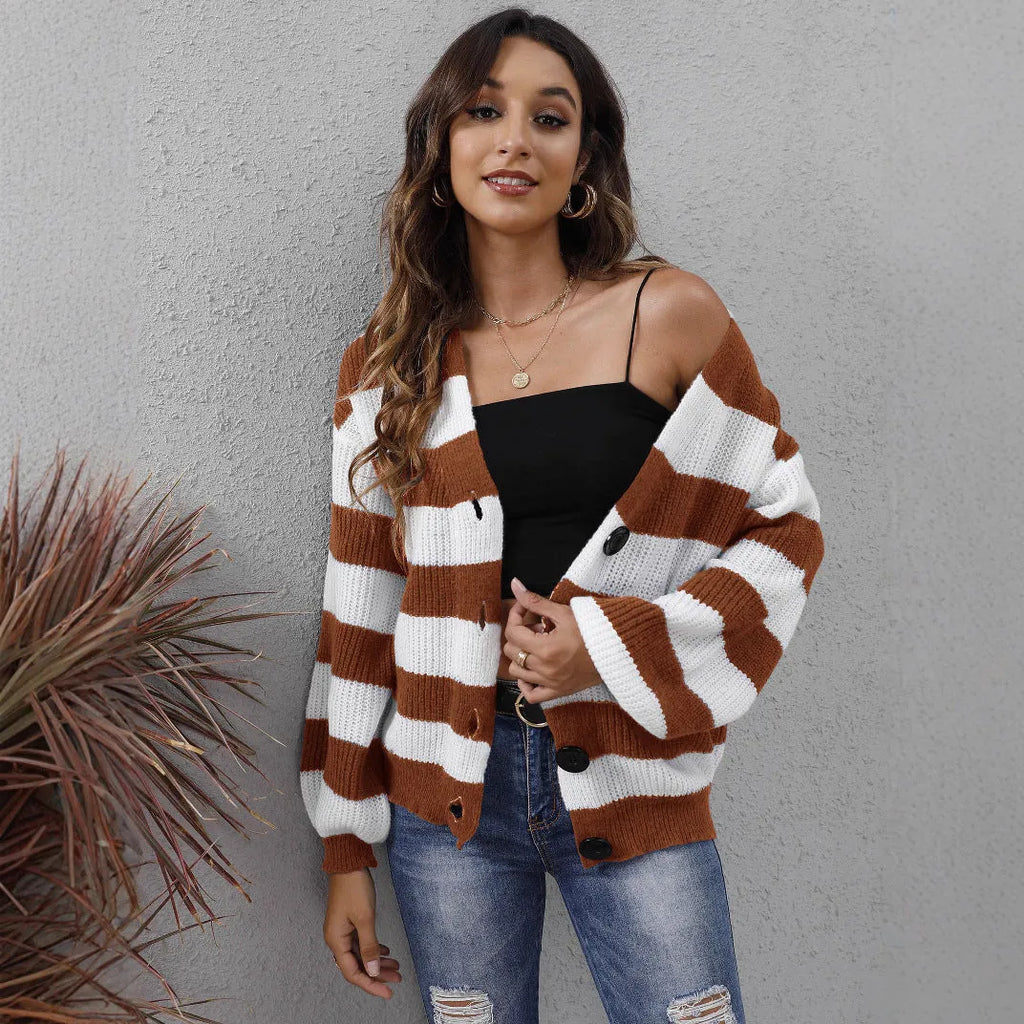 Women's striped cardigan in deer plush fabric with button front closure in blue colour